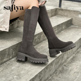 预售10天发|Safiya/索菲娅2024秋冬不过膝瘦瘦弹力绒面粗跟小个子增高长靴 SF44117278