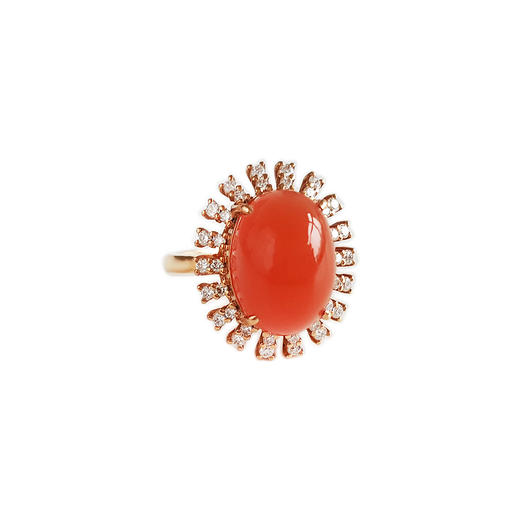 【天然正品】AU750玫瑰金镶钻镶天然柿子红蛋面南红玛瑙戒指15号（皆取最大值）女士现售价：4580！ 商品图0