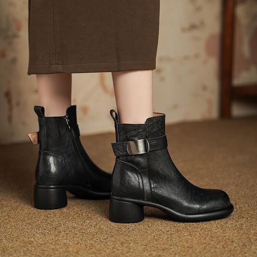 【预售5天】秋冬季新款短筒靴厚底粗跟低高跟拉链真皮款金属扣GP&3072 商品图4
