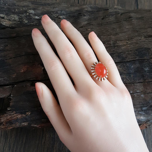 【天然正品】AU750玫瑰金镶钻镶天然柿子红蛋面南红玛瑙戒指15号（皆取最大值）女士现售价：4580！ 商品图8