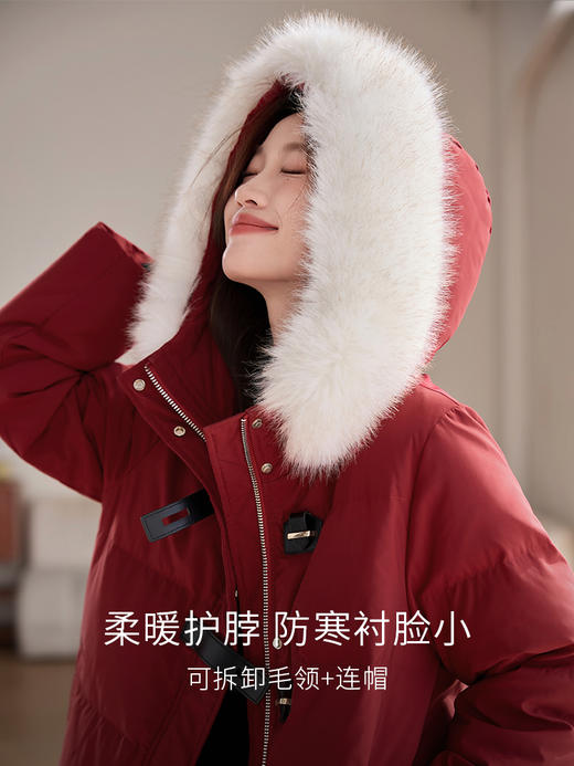 【年货节】熙世界90白鸭绒羽绒服中长款酒红色连帽外套冬季保暖可拆卸毛领 商品图2