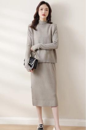 尘色 灰色马甲半裙三件套针织套装 15401