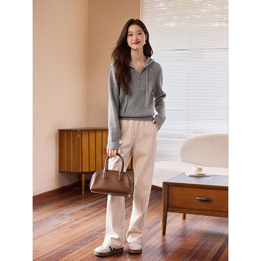 【年终特卖】熙世界灰色半拉链连帽毛衣2025秋冬新款宽松小个子套头针织卫衣 商品图4