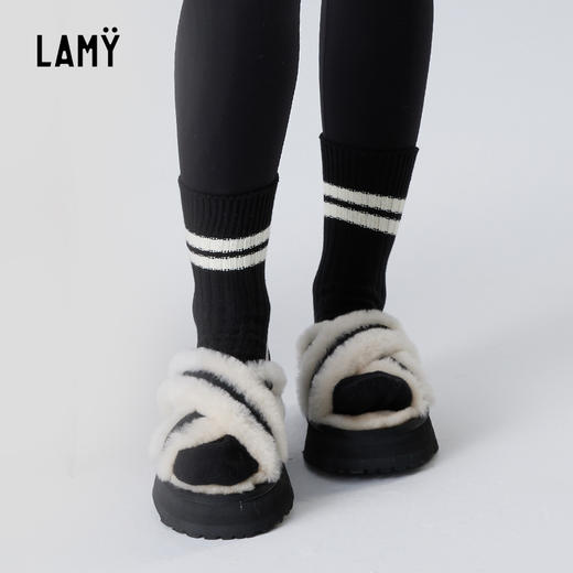 LAMY交叉带澳洲羊皮毛一体厚底休闲松紧带时尚松糕鞋HZ005 商品图2