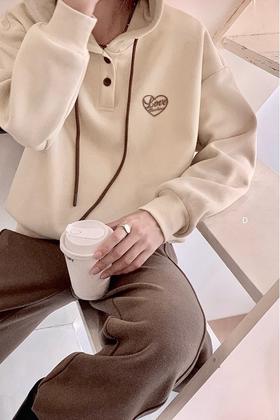 HAYES 休闲百搭加绒奶油色连帽卫衣 19698