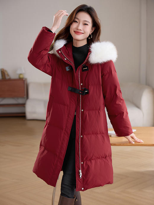 【年货节】熙世界90白鸭绒羽绒服中长款酒红色连帽外套冬季保暖可拆卸毛领 商品图1
