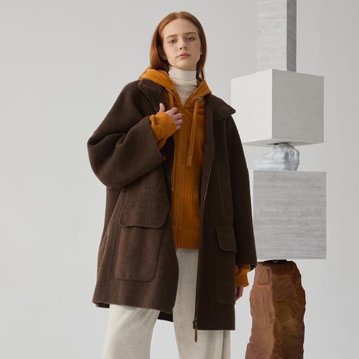 谜底呢子大衣女2024冬季新品时尚翻领大廓形中长款毛呢244GD1482 商品图0