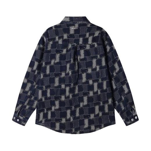 CS201秋冬季新款牛仔衬衫外套潮流时尚个性拼接格子长袖衬衣男装 商品图5