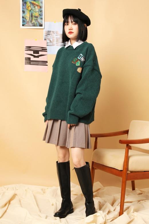 Stay2Weeks 学院风字母徽章休闲圆领针织上衣 15455 商品图1