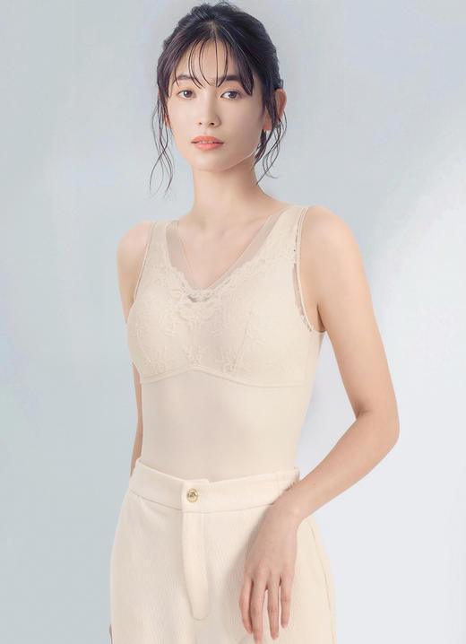 官网1300+ 华歌er同款秋冬v领蕾丝保暖背心三合一带胸垫女双面磨毛绵羊毛混纺蓄热贴身内搭打底 商品图1