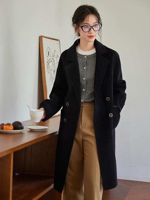 【年终特卖】熙世界翻驳领双面呢羊毛大衣女中长款冬季新款高级感灰色毛呢外套 商品图11