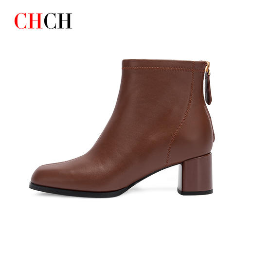 CHCH平衡鞋2024秋冬新品方头粗跟时装靴牛皮短靴女靴CO2B6031 商品图3