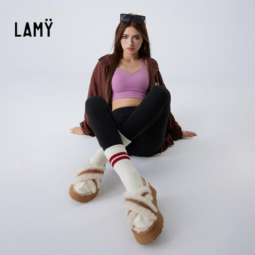 LAMY交叉带澳洲羊皮毛一体厚底休闲松紧带时尚松糕鞋HZ005 商品图0