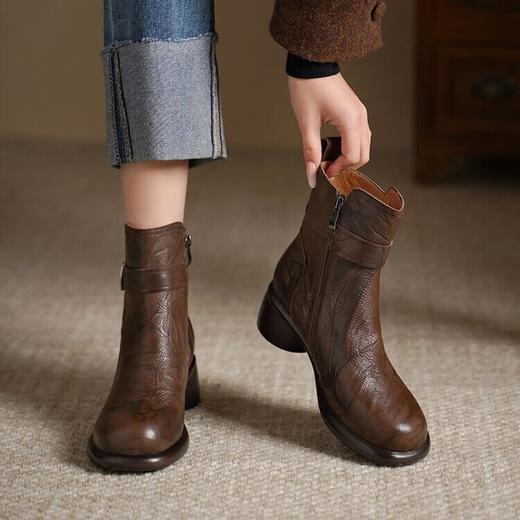 【预售5天】秋冬季新款短筒靴厚底粗跟低高跟拉链真皮款金属扣GP&3072 商品图2