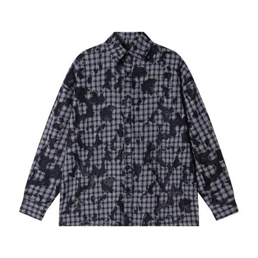 CS198秋季新款美式复古蕾丝镂空格纹格子休闲宽松衬衫长袖透气 商品图1