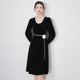 【高货wl】全新升级【铂金会员358/天猫479/差价121】(22055) 洛诗琳秋冬款法式优雅撞色褶皱珍珠腰带丝绒收腰连衣裙