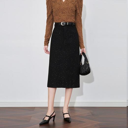 【高货wl】全新升级【铂金会员220/天猫299/差价79】(01622) 洛诗琳羊毛混纺亮片粗呢通勤显瘦直筒高腰包臀后开衩半裙 商品图3