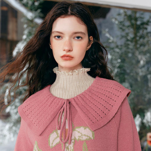 两三事花漾甜情2024冬新款甜美镂空大翻领大花毛巾绣毛衣裙连衣裙 商品图2