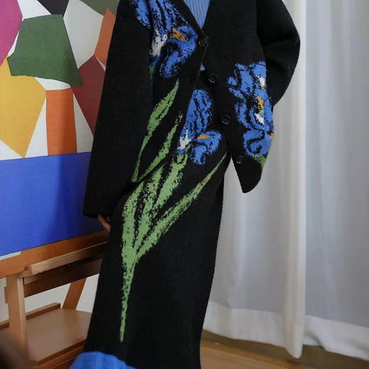 两三事梵高文艺云端画语2024冬季新款向日葵荷叶边裙摆针织半身裙 商品图3