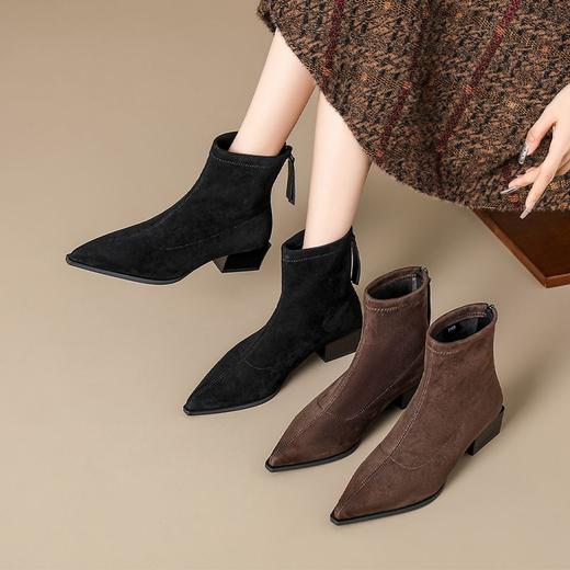ZHR则则绒面弹力靴2024新款尖头粗跟瘦瘦靴优雅气质短靴加绒女靴 商品图3
