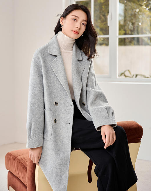 【年终特卖】熙世界翻驳领双面呢羊毛大衣女中长款冬季新款高级感灰色毛呢外套 商品图9