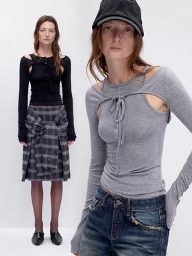 出逃赤岗西/24AWT106/设计感莱赛尔绵羊毛真两件一衣两穿内搭修身长袖T恤