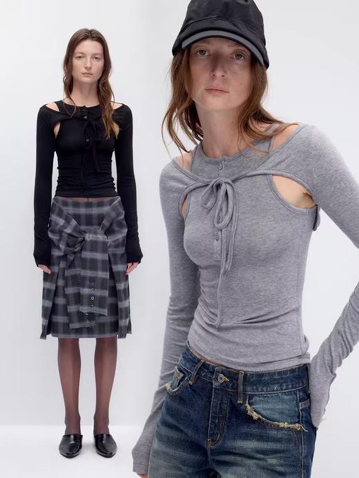 出逃赤岗西/24AWT106/设计感莱赛尔绵羊毛真两件一衣两穿内搭修身长袖T恤 商品图0