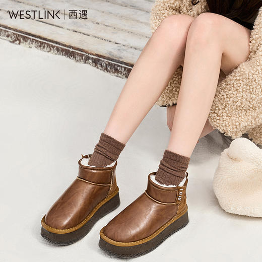西遇保暖雪地靴女冬季新款复古皮面厚底短靴加厚加绒东北棉鞋D4347841 商品图2