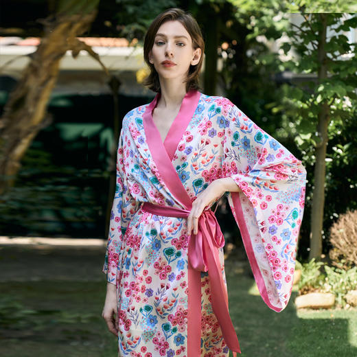 Solo seta22姆米重磅真丝睡袍女士花卉印花桑蚕丝浴袍丝绸家居服 商品图3