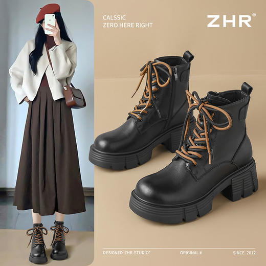 ZHR则则真皮厚底马丁靴2024新款ins时尚百搭英伦短靴加绒显瘦女靴 商品图0
