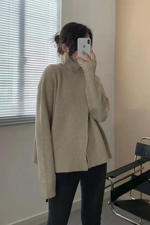 LNNNS 卡其色前开衩设计高领毛衣 15436 商品图2