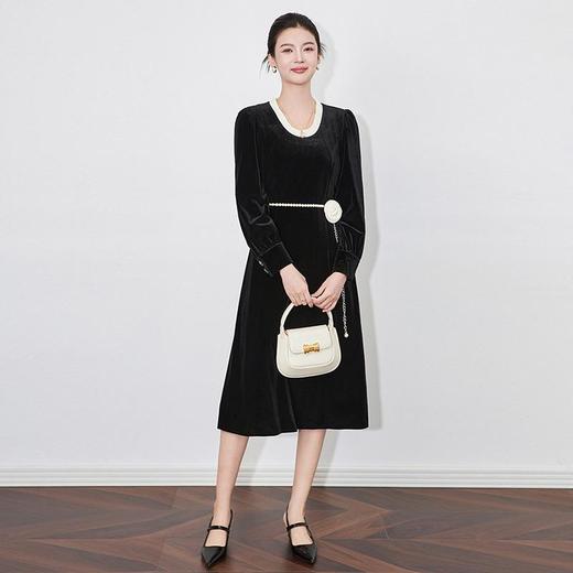 【高货wl】全新升级【铂金会员358/天猫479/差价121】(22055) 洛诗琳秋冬款法式优雅撞色褶皱珍珠腰带丝绒收腰连衣裙 商品图3