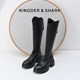 经典鲨2024冬季新款百搭圆头加绒保暖后拉链中粗跟长筒靴女KW385-D58011