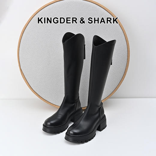 经典鲨2024冬季新款百搭圆头加绒保暖后拉链中粗跟长筒靴女KW385-D58011 商品图0