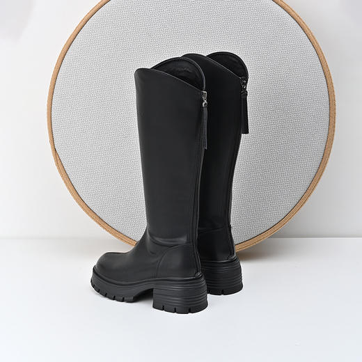 经典鲨2024冬季新款百搭圆头加绒保暖后拉链中粗跟长筒靴女KW385-D58011 商品图3