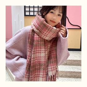 【软软糯糯】韩版格子女韩系甜美保暖提花粉秋冬柔软流苏粉色格子围巾围脖。ry