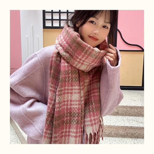 【软软糯糯】韩版格子女韩系甜美保暖提花粉秋冬柔软流苏粉色格子围巾围脖。ry 商品图0