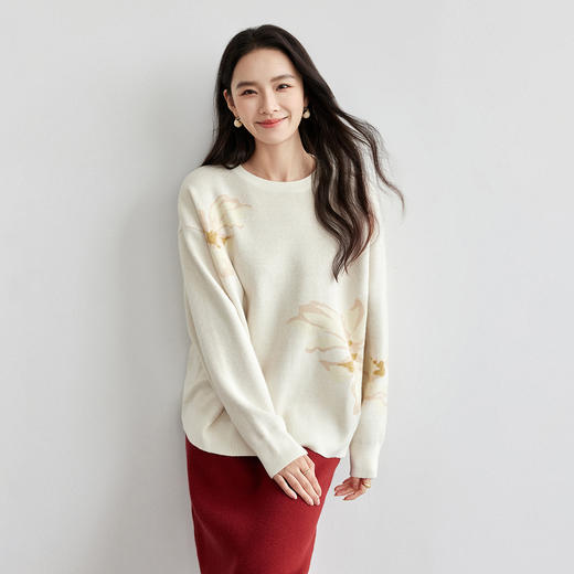 【内购】新年快乐安可拉红新年红圣诞节百合图案慵懒花朵提花针织毛衣-W51E58092 商品图7