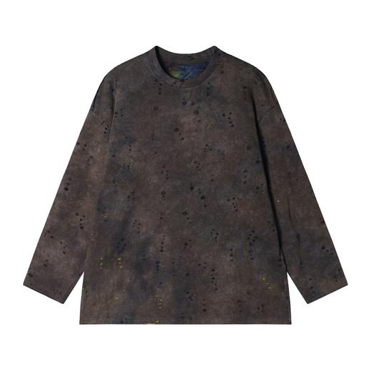 T1859秋季新款时尚个性扎染磨破设计圆领套头长袖T恤复古宽松复古上衣 商品图1