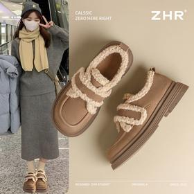 ZHR则则洋气保暖乐福鞋2024新款平底棉鞋美拉德加绒勃肯鞋毛毛鞋