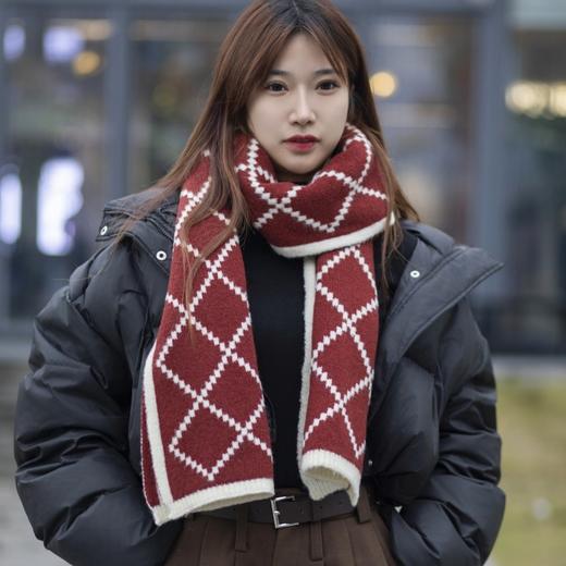 【时尚百搭！红色围巾】女士围巾保暖加厚毛线针织格子围脖红色围巾女百搭网红新款小香风。ry 商品图0