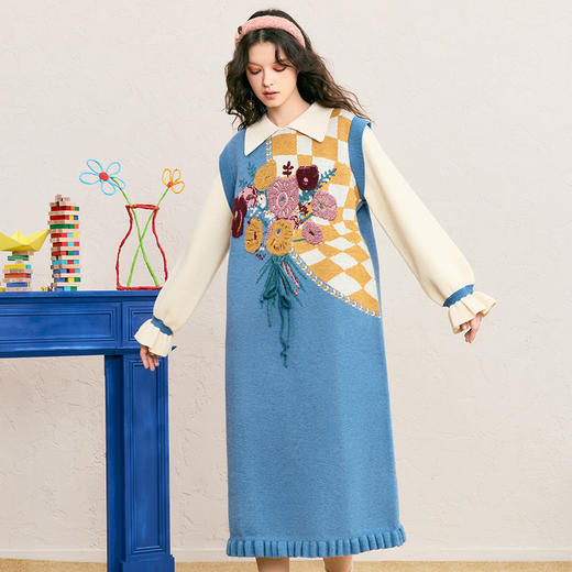 两三事花神迷宫小清新立体花束毛巾绣拼色毛衣裙连衣裙 商品图3
