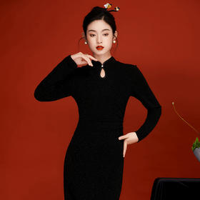 OY-230315中国风女装春季2024年新款复古针织提花长款改良黑色连衣裙230315