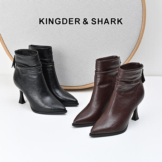 经典鲨2024冬款优雅尖头加绒保暖后拉链气质细高跟时装靴女KW119-D58121 商品图0