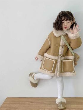 【中长款大气显高级感，加厚加绒保暖舒适】女童皮毛一体外套 秋冬新款韩版加厚加绒中长款大衣 中小童外套-QQ