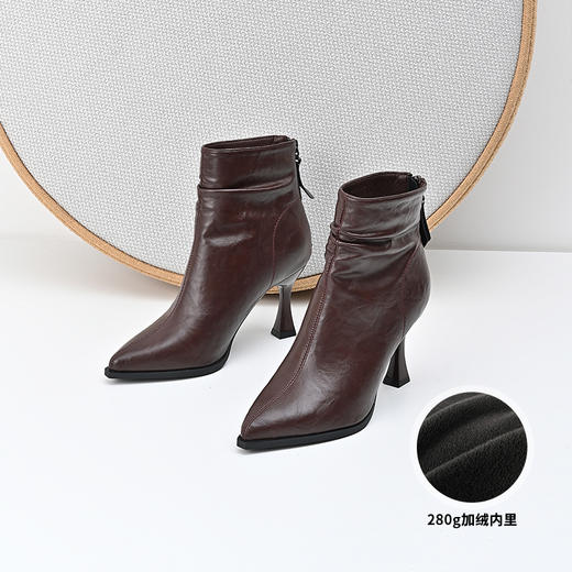 经典鲨2024冬款优雅尖头加绒保暖后拉链气质细高跟时装靴女KW119-D58121 商品图2