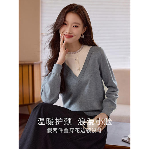 【专属特价】熙世界假两件毛衣女秋冬2025新款时尚洋气半高领拼接针织打底衫 商品图1