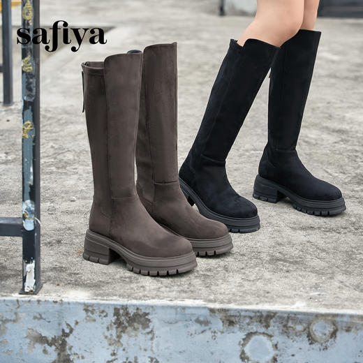 预售10天发|Safiya/索菲娅2024秋冬不过膝瘦瘦弹力绒面粗跟小个子增高长靴 SF44117278 商品图6