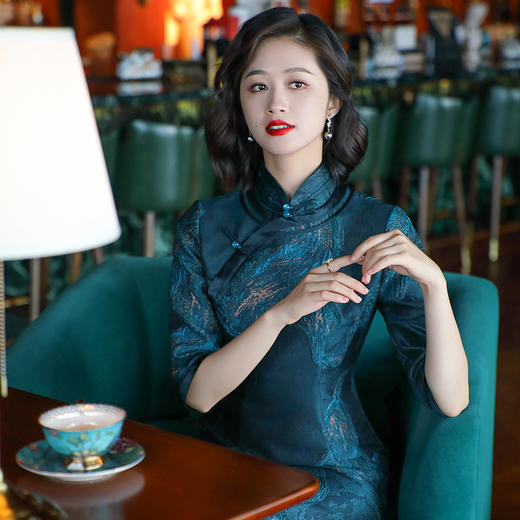 OY-24307复古中国风女装秋季新款全开襟提花日常改良长款旗袍连衣裙24307 商品图2