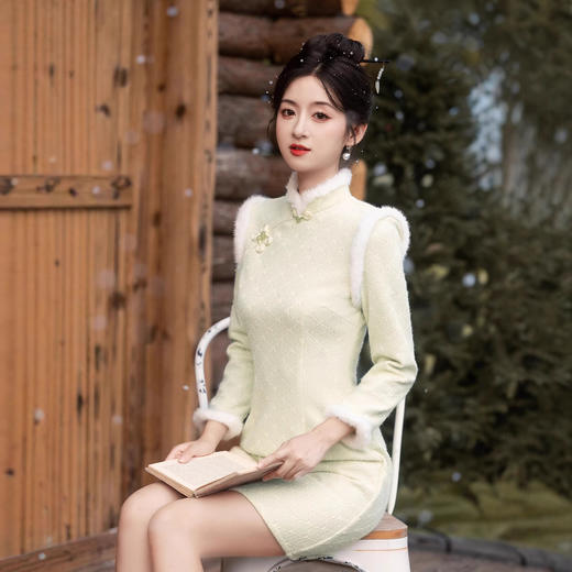 年轻款小个子羽毛纱加绒日常淑女显瘦旗袍 MLS7097 商品图2